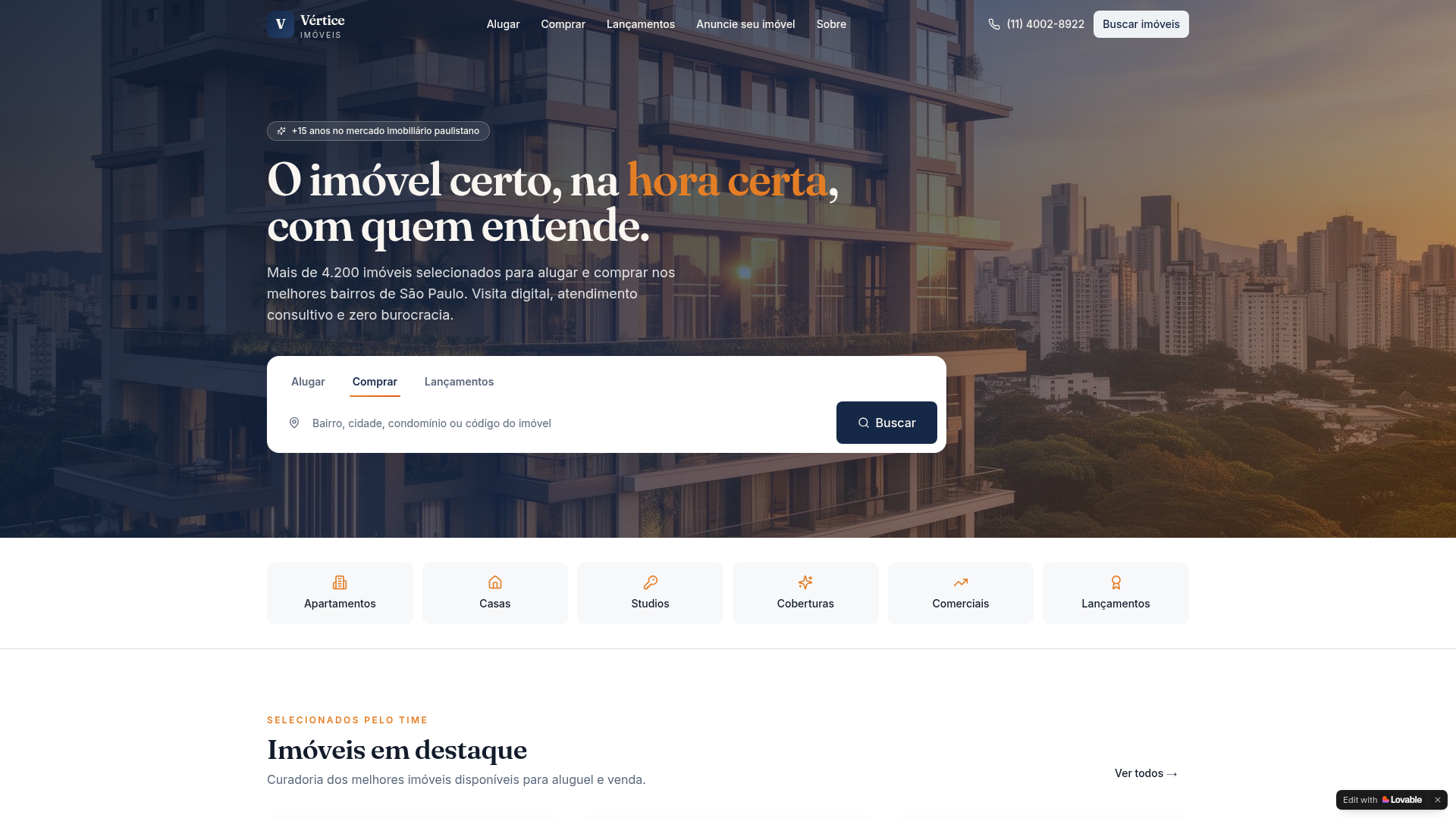 Site real entregue para imobiliária Vértice — imob.hurodigital.com